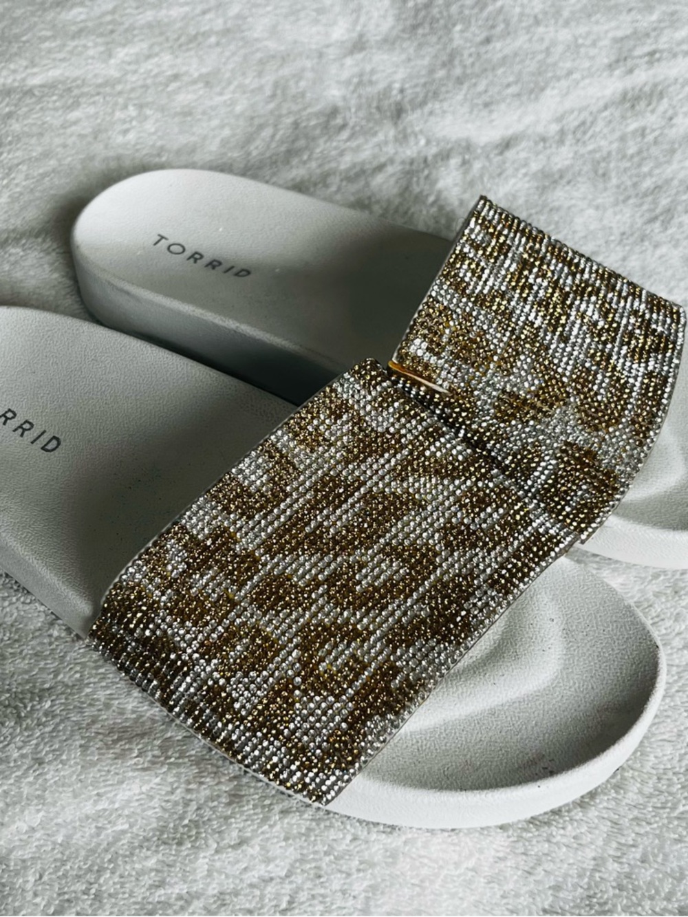 Torrid  Gold and White Crystal-Embellished Slide Sandals